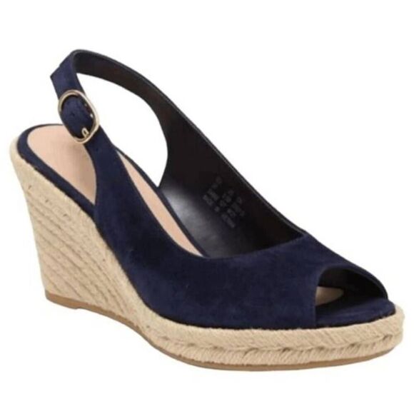 Stuart Weitzman Jean Blue Suede Slingback Cork Wedge Heel Sandal Size 8 - Picture 1 of 14